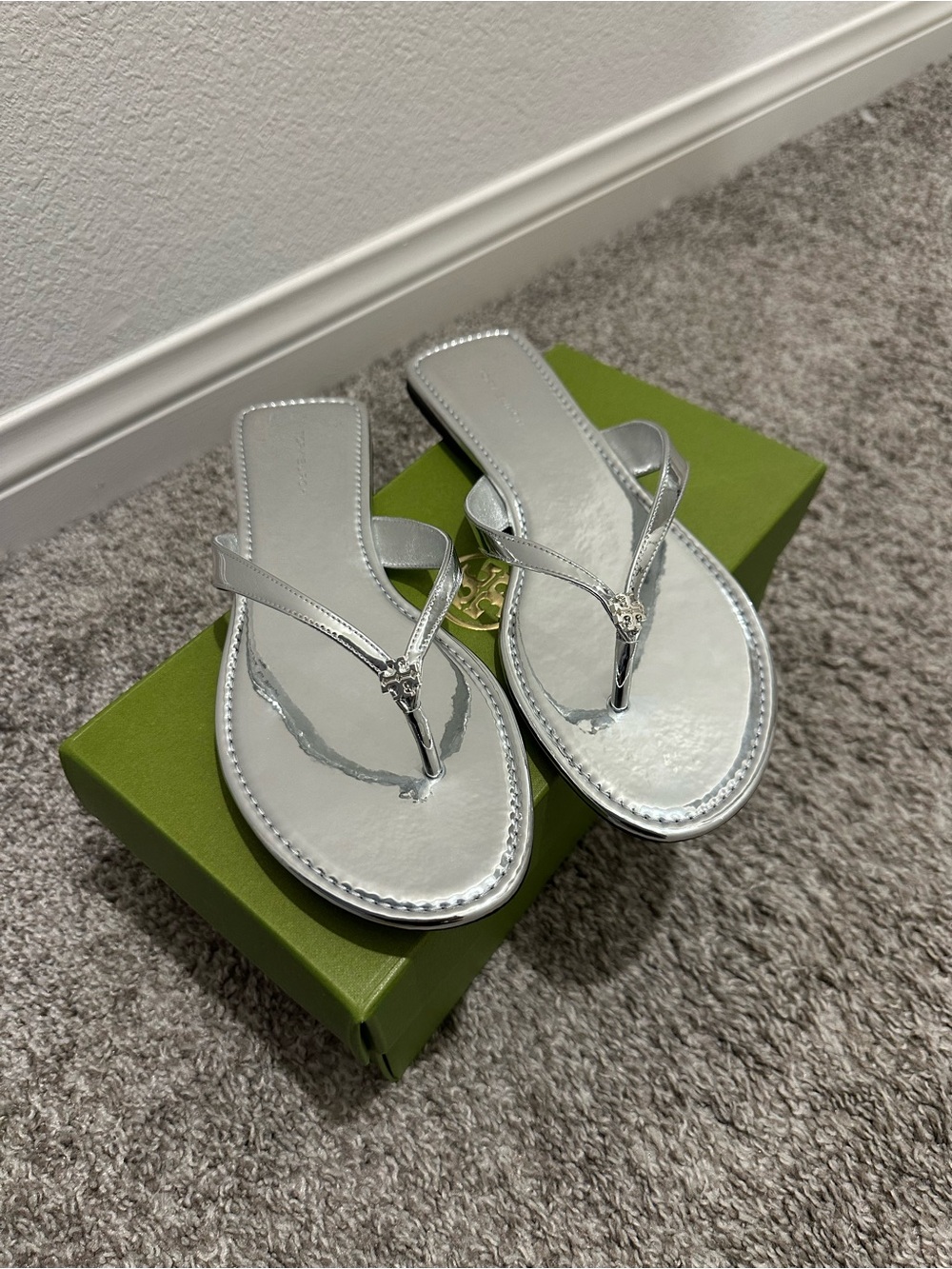 Tory Burch Silver Metallic Logo Thong Sandals